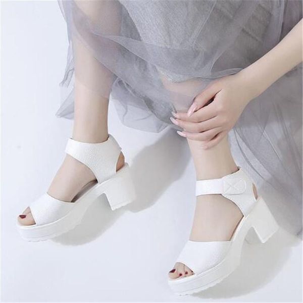 

white fashion women sandals thick heel platform ladies high heels shoes 2021 summer pu leather peep toe sandalias, Black