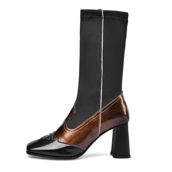 

boots 2021 european square toe mixed color women mid-pantorrilla patchwork slip-on stretch chunky heel fashion mujeres, Black