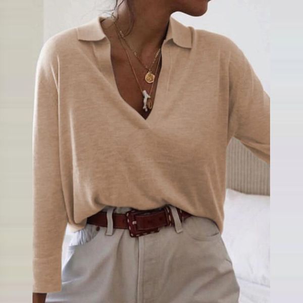 

women's blouses & shirts autumn 2021 elegant turn-down collar long sleeves all-match pullover slim women casual solid color top, White