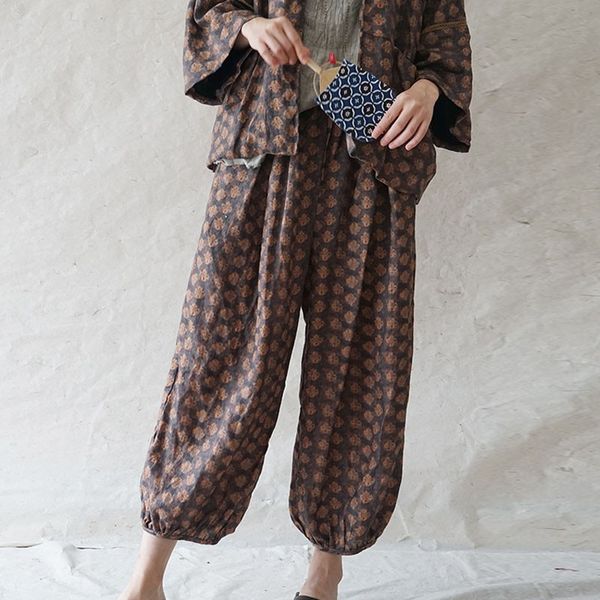 

johnature retro fashion print pocket elastic waist harem pants autumn loose leisure all-match women ankle-length pants 210521, Black;white