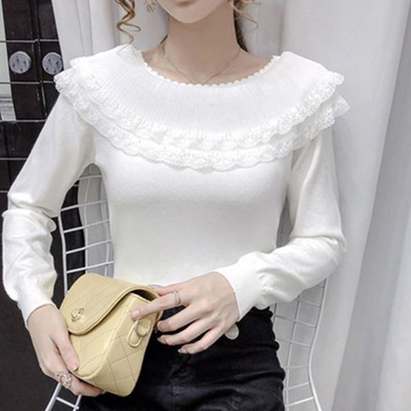 

women's sweaters ruffled crew neck pullover sweater women 2021 spring autumn korean fashion lace stitching all-match knitting female, White;black