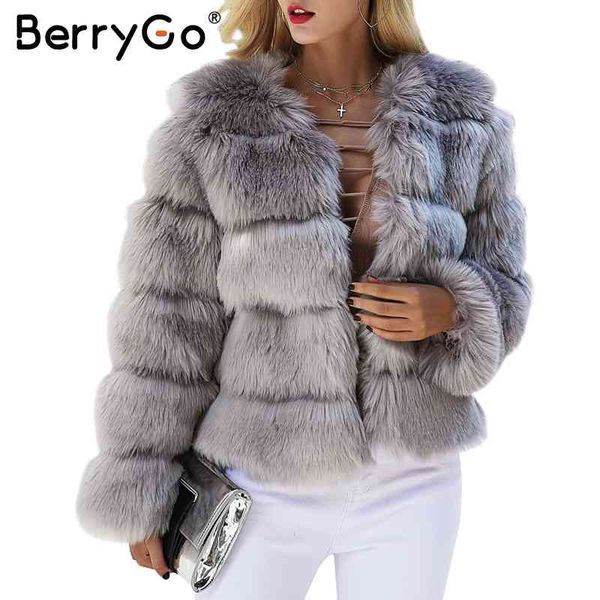 

berrygo fluffy faux fur coat women short ry fake winter outerwear pink autumn casual party oversize female 210513, Black