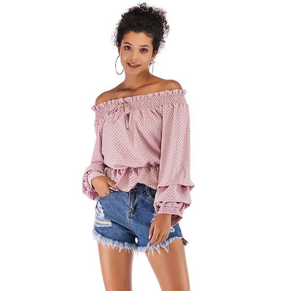 

women's blouses & shirts slash neck off-shoulder shirt women summer polka dot pleated and casual drawstring elegant office lady bl, White