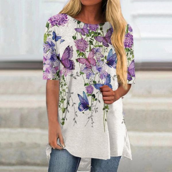 

women's blouses & shirts vintage summer blouse casual butterfly flower printed short sleeve o-neck pullover bluzki damskie camisas, White