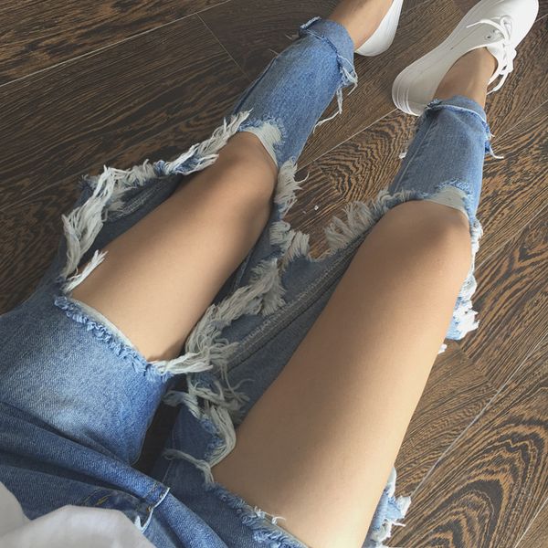 

Fashion Jeans for Women Hole Jeans Easy to Match Ins Women' Wear Loose and Mm Plus Fat Size 200 Kg Small Leg Capris Show Thin, Light blue