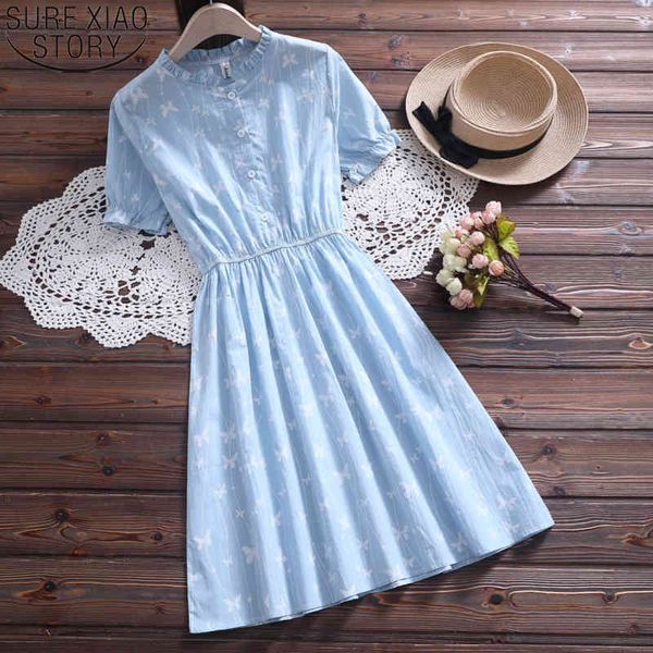 

sweet women summer stand collar short sleeve blue pink floral kawaii print cotton dress female vestidos 9521 210417, Black;gray