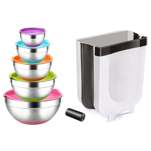 

waste bins 7 colors stainless steel mixing bowls with folding trash can, hanging can garbage bag
