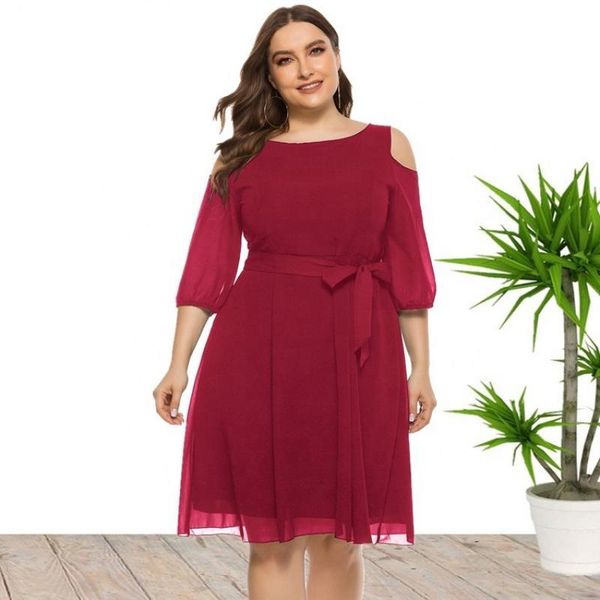 

casual dresses summer style fashion plus size women's three-quarter sleeves waist strap pure color strapless dress, Black;gray