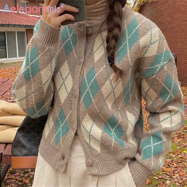 

aelegantmis korea fashion color contrast argyle sweater cardigan women soft comfort harajuku female chic vintage 210607, White
