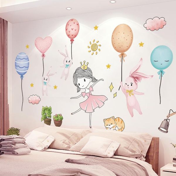 

[shijuekongjian] cartoon girl dancer wall stickers diy rabbits balloons decals for kids rooms baby bedroom house decoration