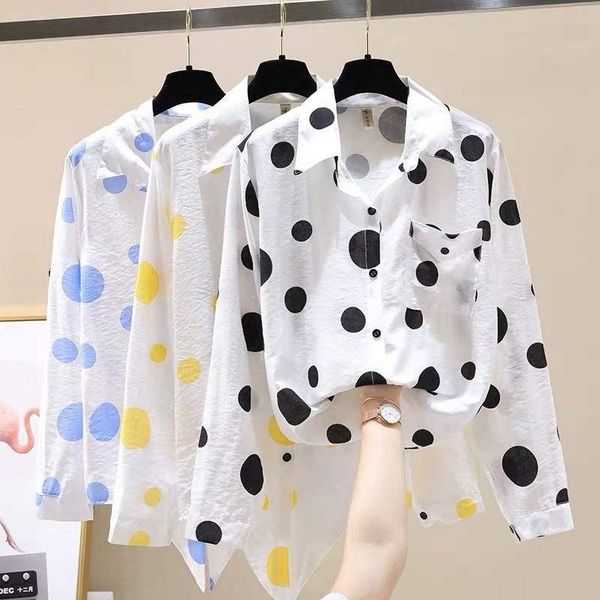 

women's blouses & shirts summer thin irregular polka dot sunscreen shirt casual long sleeve print blouse blusa outwear, White
