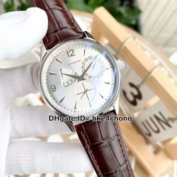 

master 1378420 automatic men's watch power reserve steet case 43mm silver dial date multifunction gents sport watches brown leather str, Slivery;brown