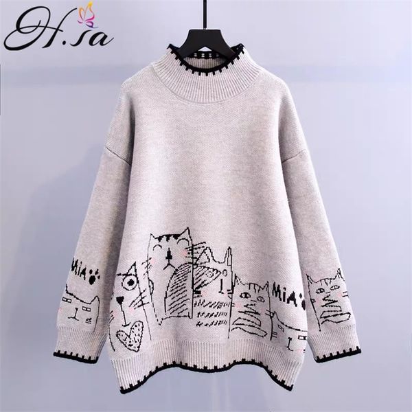 

women sweaters and pullovers half turtleneck pull jumpers cartoon cats cute sweaters grey black oversized 210430, White;black