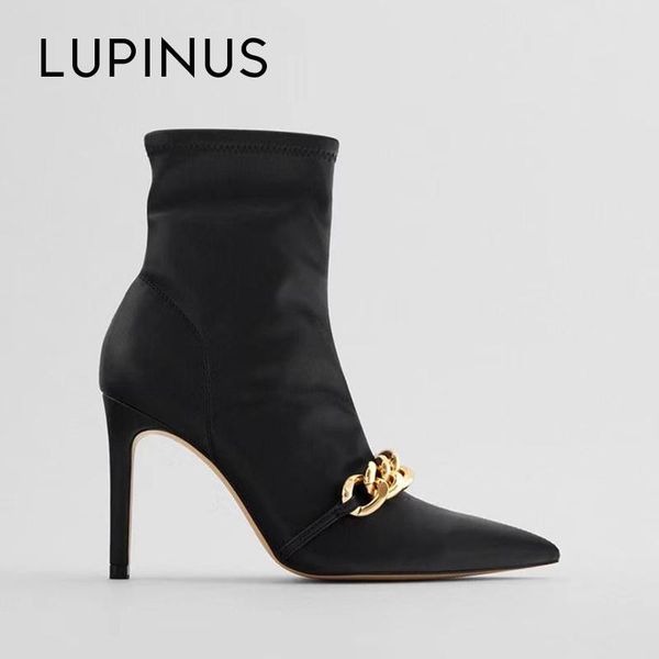 

boots lupinus fashion gold chain women black ankle 2021 pointed toe for chic socks