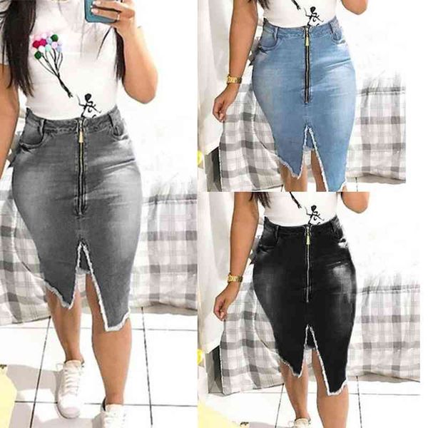 

vintage blue denim skirt women high waist straight front split bottoms cowboy style fashion streetwear 210603, Black