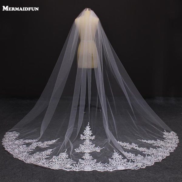 

bridal veils mermaidfun real pos one layer 3 meters lace appliques wedding veil with comb velos de novia 2021, Black