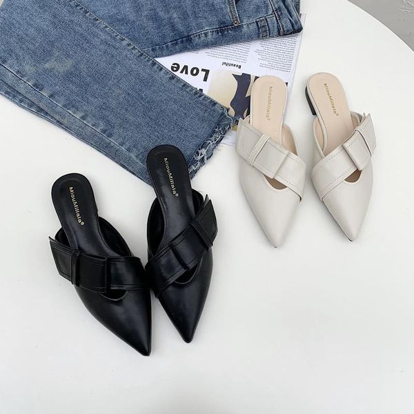 

slippers casual flat shoes female pointed toe slipers women low slides fretwork heels luxury soft 2021 summer cover fabric rubbe, Black