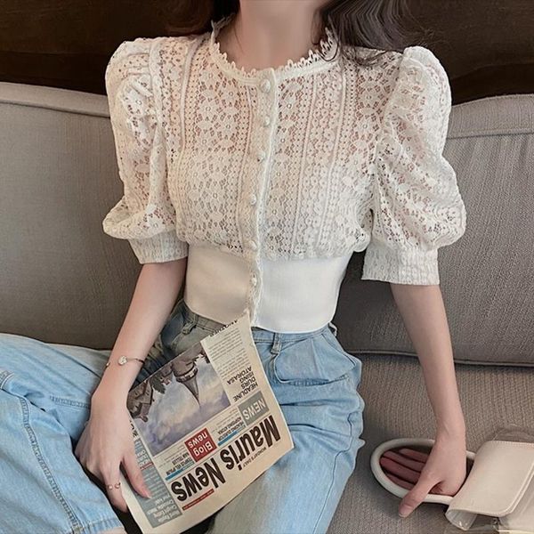 

women's blouses & shirts lace hollow out white shirt women summer 2021 puff sleeve korean woman fashion solid button 13607