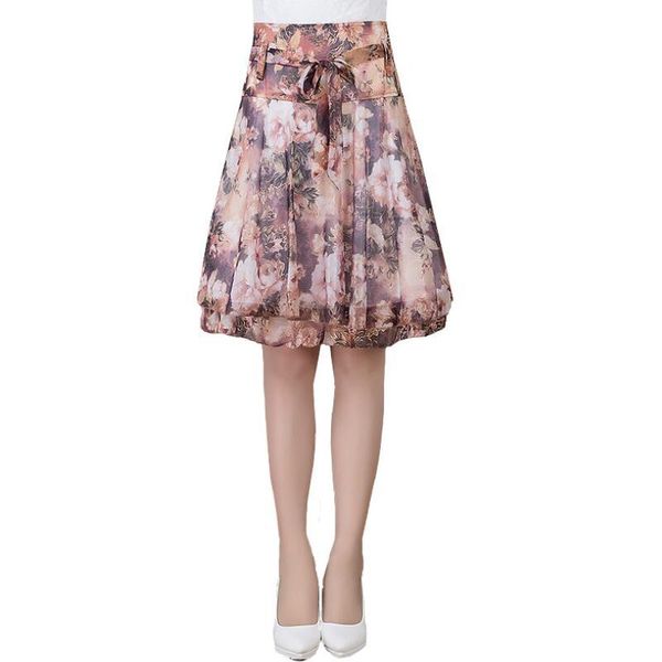 

skirts autumn summer print floral skirt fashion women ol plus size midi high waist pleated chiffon j477, Black
