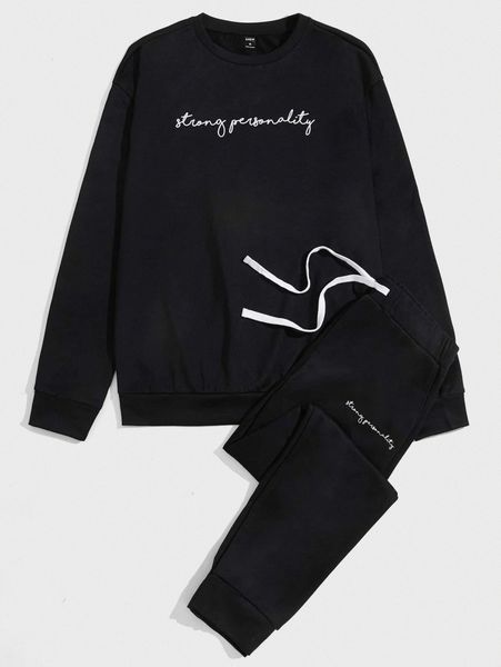 

men letter graphic sweatshirt & drawstring waist sweatpants p9xv#, Gray
