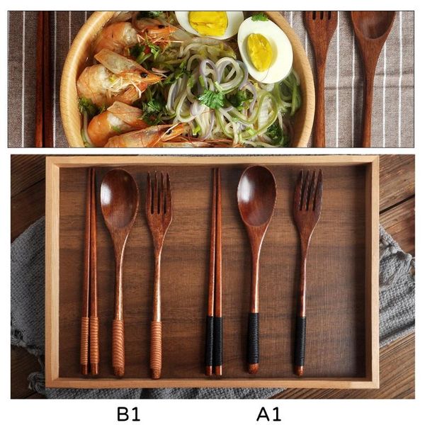 

spoons 1 set natural wooden tableware fork spoon and chopsticks kit