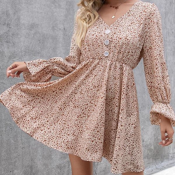 

casual dresses women button leopard printed short dress autumn spring female v neck long flare sleeve sweet boho mini party wdc7848, Black;gray