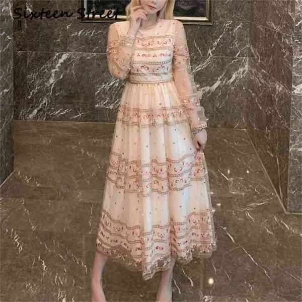 Langes Kleid Frau Mesh Stickerei Oansatz Vollhülse Vintage Elegantes Vestido Herbst Frühling Partykleid Weibliche Kleidung 210603