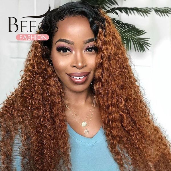 

ombre ginger color water wave curly wig remy 13x6 lace front human hair wigs deep brown 1b/30 frontal for black women1, Black;brown