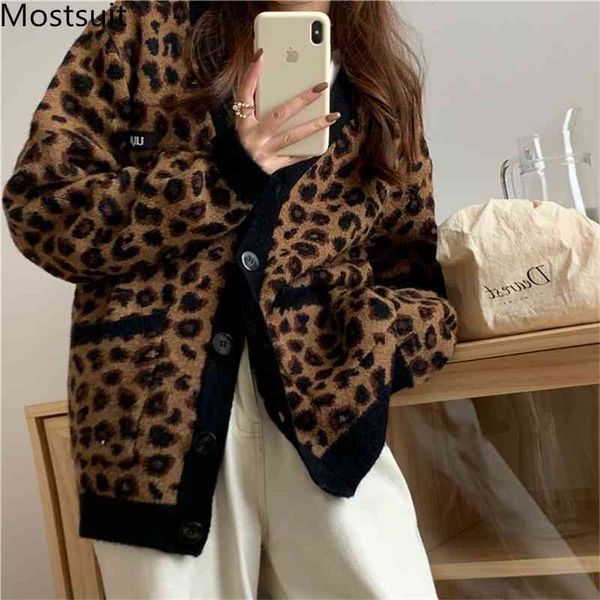 

korean vintage thicken leopard women cardigan coat winter long sleeve v-neck single-breasted fashion female casual jacket 210518, White
