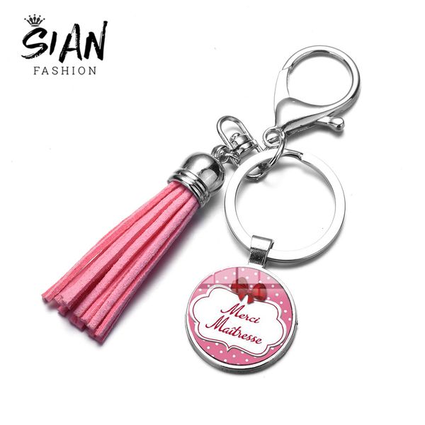 

sian fashion sweet merci mistress tassel keychain cartoon art letters quote glass cabochon keyring teachers gift 13 style choose, Silver