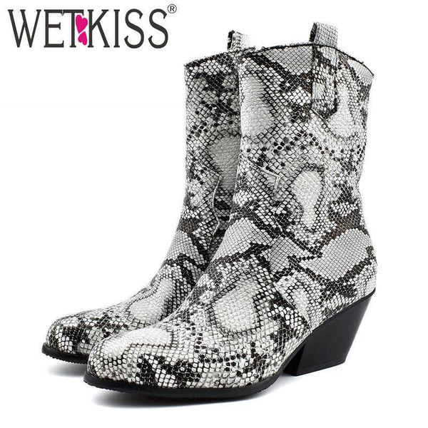 

wetkiss snake skin pu ankle boots women high heels western boot female round toe shoes ladies shoes winter big size 34-48 210630, Black