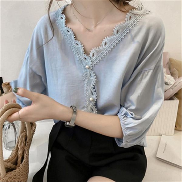 

women's blouses & shirts women lace blouse shirt plus size 4xl crochet womens and pearls half sleeve off shoulder deep v loose blusas, White