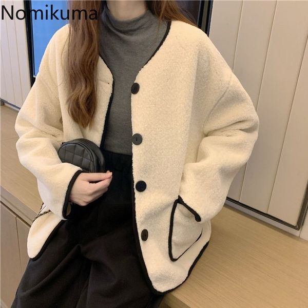 Nomikuma Lammwolle Jacke Frauen Kontrastfarbe O Hals Langarm Einreiher Mäntel Tops Herbst Winter Kleidung Damen 3d510 210514