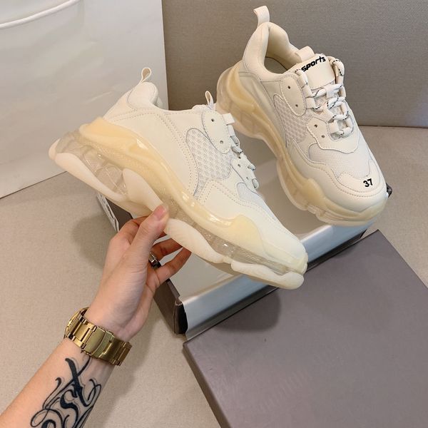 

womens and mens new season triple s clear sole boots sneakers paris round toe lace-up mesh panels pull tabs white rubber soles trainers shoe, Black