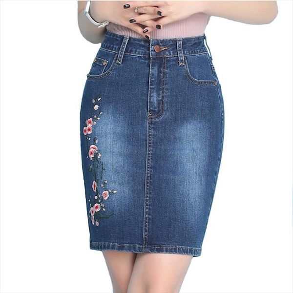 

denim embroidery floral bandage jeans women skirts quality pencil high waist plus size summer clothing, Black