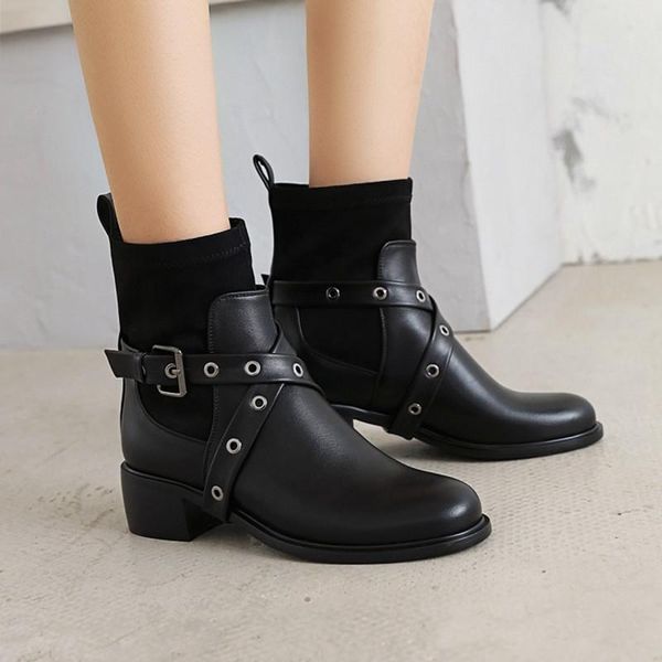 

boots ochanmeb good quality punk metal eyelets buckle women microfiber leather block heels cross strap booties woman shoes, Black