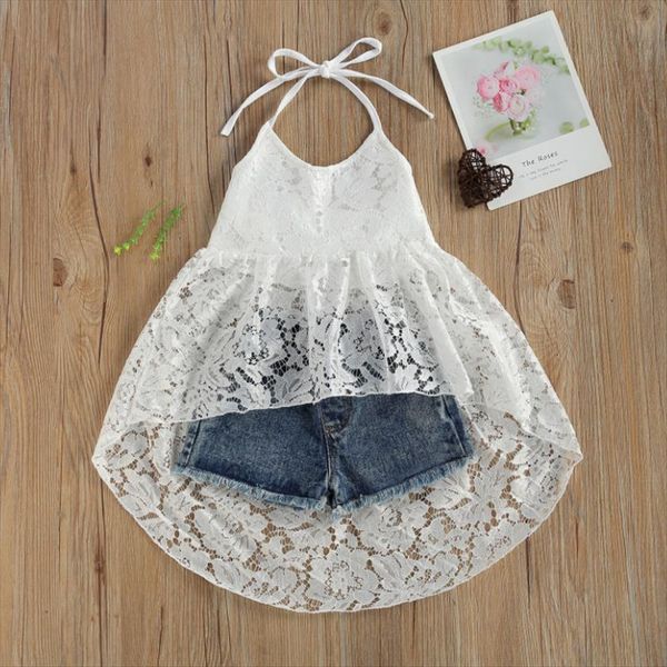 

kids lace dress set, neck strap tie up backless elastic waist short jeans with pockets summer, White