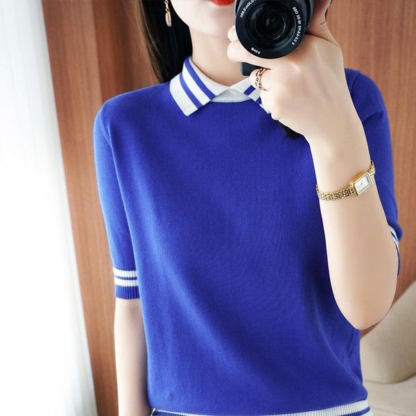 

women's t-shirt lafarvie cotton t shirt summer for women 2021 knit striped turndown collar half sleeve tees casual fashion blue oversi, White