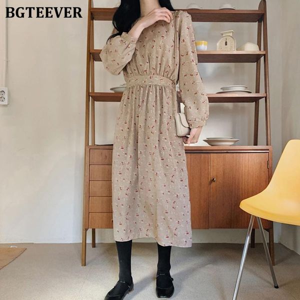 

casual dresses bgteever vintage o-neck long sleeve female dress 2021 spring summer vestidos floral print lace up loose women, Black;gray