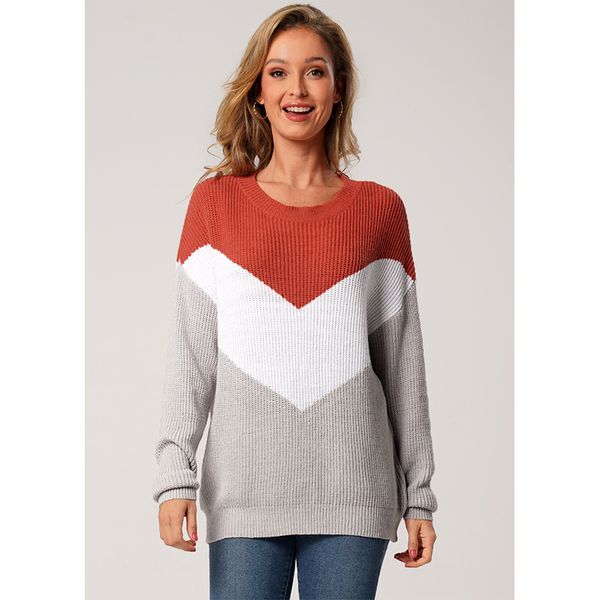 

autumn new product hollow sweater color stripe stitching female long-sleeved round neck, White;black