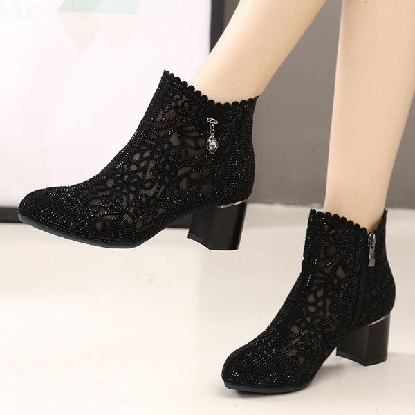 

boots fashion rhinestones gauze sandals summer mesh genuine leather women's shoes hollow thick heels, Black