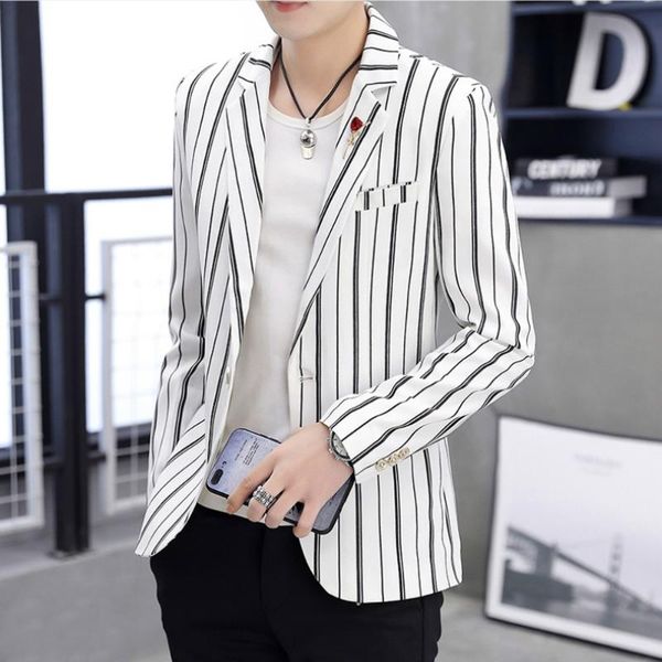 

men's suits & blazers white blazer men striped slim fit suit jacket male fashion casual man black leisure khaki coat, White;black
