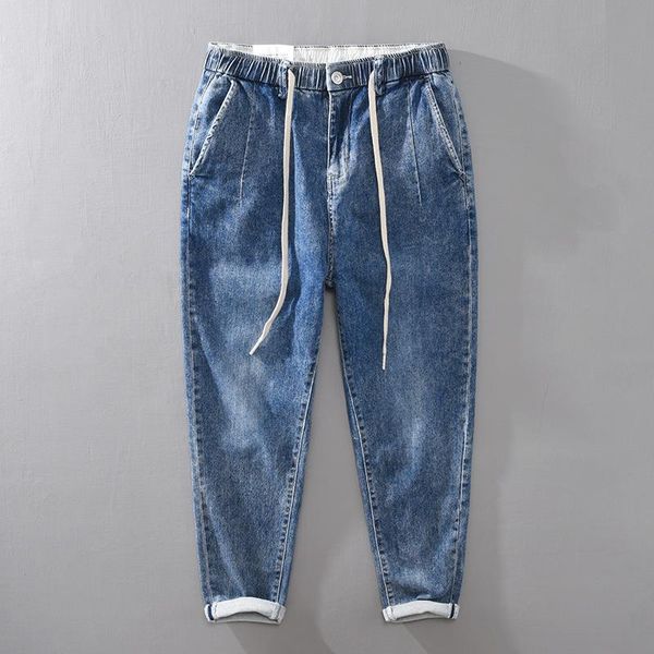 

spring and summer men's tapered mid-rise jeans casual wild loose elastic feet cotton large size black gray trousers, Blue