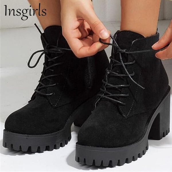 

boots women's suede ankle 2021 autumn winter low round toe ladies lace up high heel shoes dress office party british pumps, Black