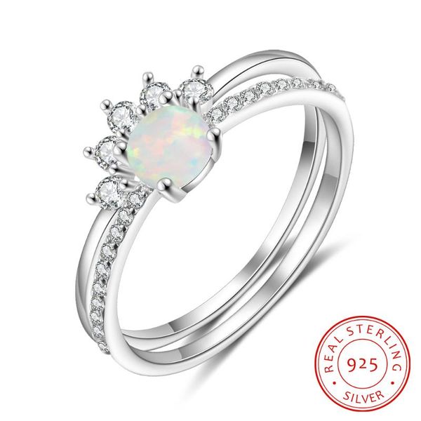 

cluster rings 2 pcs/set 925 sterling silver white opal ring simple geometric stackable zircon finger for women jewelry, Golden;silver