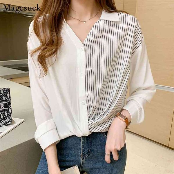 

long sleeve women shirts blouses autumn korean loose striped casual white v-neck woman 10777 210512