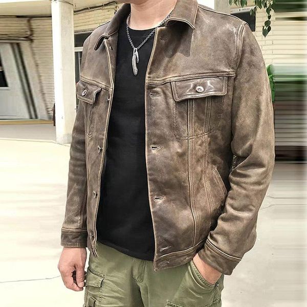 

. arrival.us casual genuine jacket.tanned sheepskin clothes.men coat.vintage leather clothing. men's & faux, Black