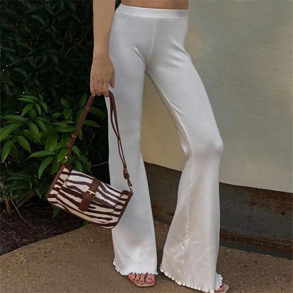 

women's pants & capris ly solid color streetwear flared white elastic high waist ruffles bulifting trousers, Black;white