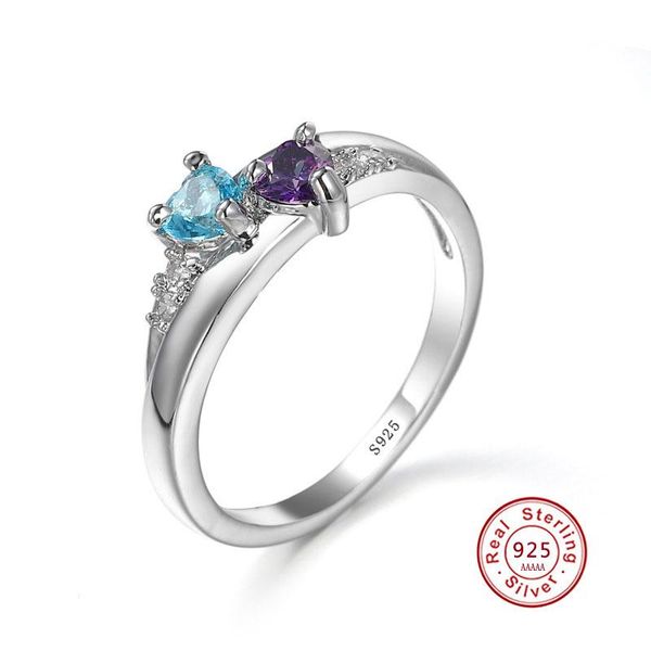 

wedding rings double heart purple blue 100% 925 sterling silver ring love romantic finger for women jewelry, Slivery;golden