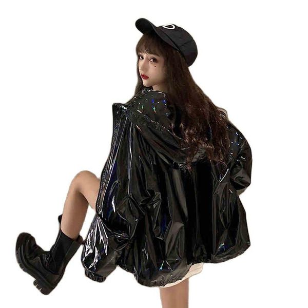 

women's trench coats spring autumn coat 2021 loose black shiny windbreaker waterproof hooded outerwear f889, Tan;black